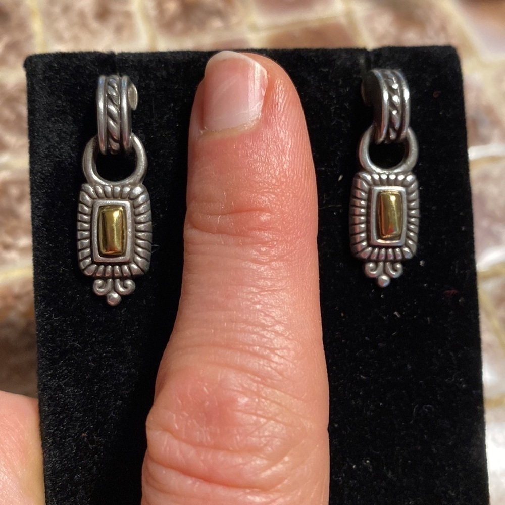 BRIGHTON vintage gold and silver scrolled hoop dangle post earrings - Picture 2 of 5